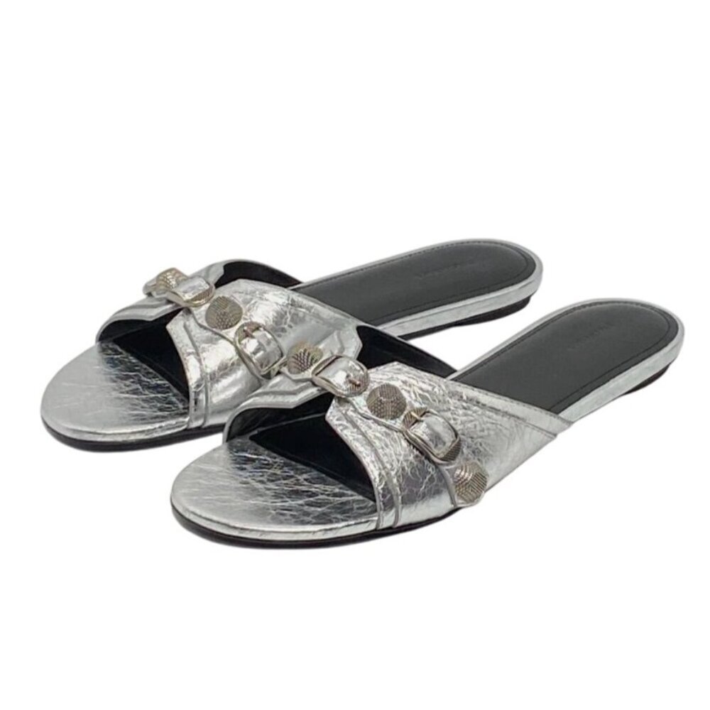 NWT Balenciaga Cagole Embellished Metallic Silver Leather Flats 6.5 US MSRP $890 - Picture 1 of 11